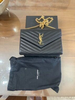 Saint Laurent Black Leather Chain Crossbody with gold chain